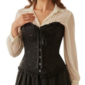 Black Brocade Lace Up Corset Top Ruffle Trim Goth Victorian Large
